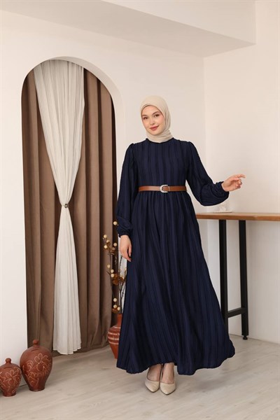 7167 Modern Deri Kemerli Elbise - Lacivert