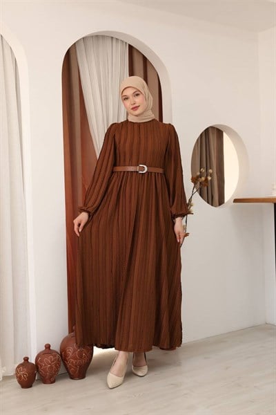 7167 Modern Deri Kemerli Elbise - Taba