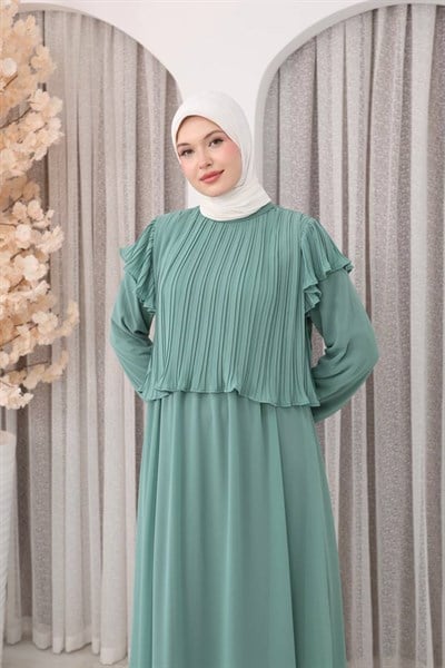 7169 Şifon Fırfır Detaylı Elbise - Mint