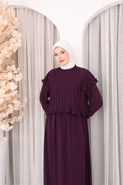 7169 Şifon Fırfır Detaylı Elbise - Mürdüm 
