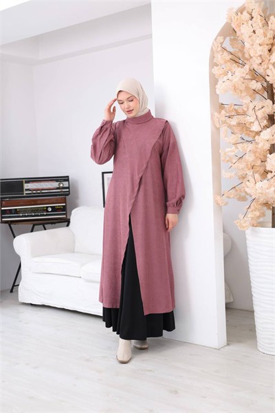 7206 Çapraz Detaylı Tunik Etek Takımı - Gül kurusu & Siyah