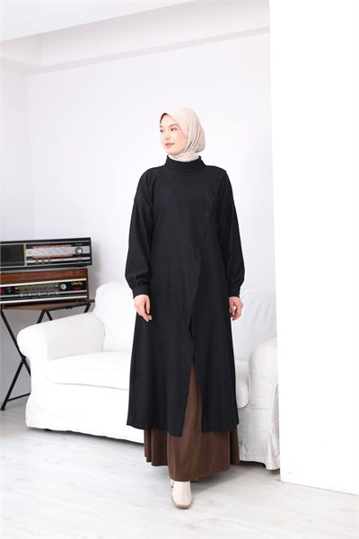 7206 Çapraz Detaylı Tunik Etek Takımı - Siyah & Kahve