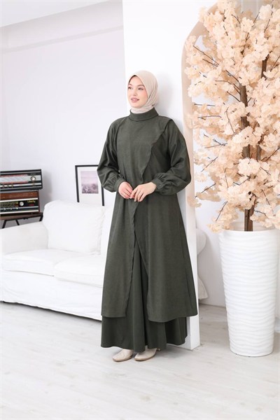 7206 Çapraz Detaylı Tunik Etek Takımı - Haki