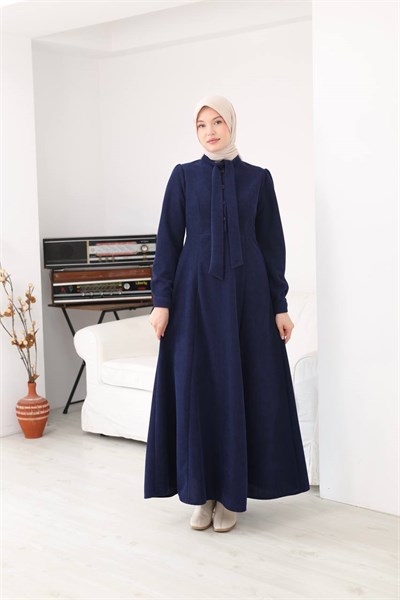 7207 Yakası Fiyonklu Elbise - Lacivert