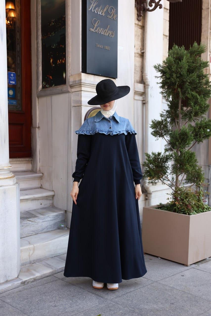 1583 Üç İplik ve jeans Detaylı Elbise - Lacivert 