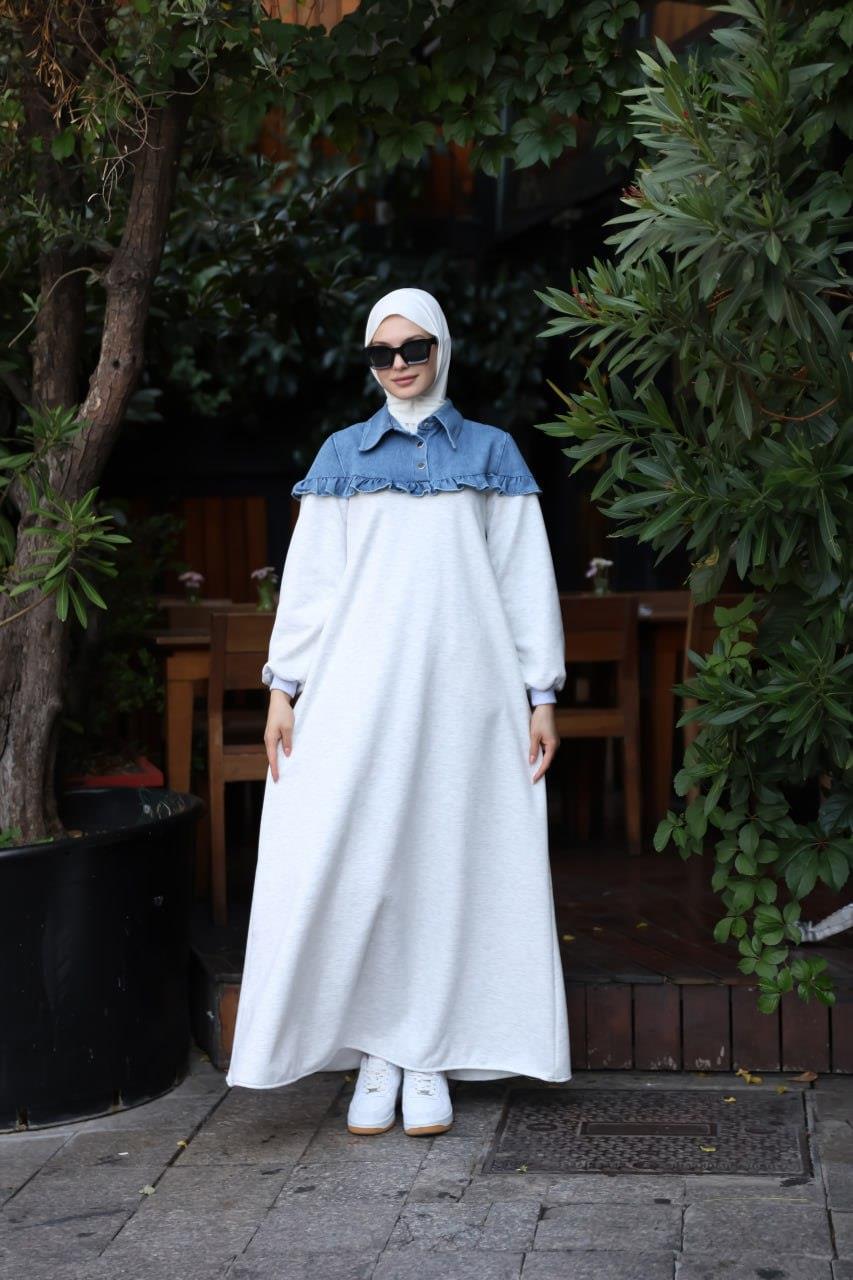 1583 Üç İplik ve jeans Detaylı Elbise - Beyaz 