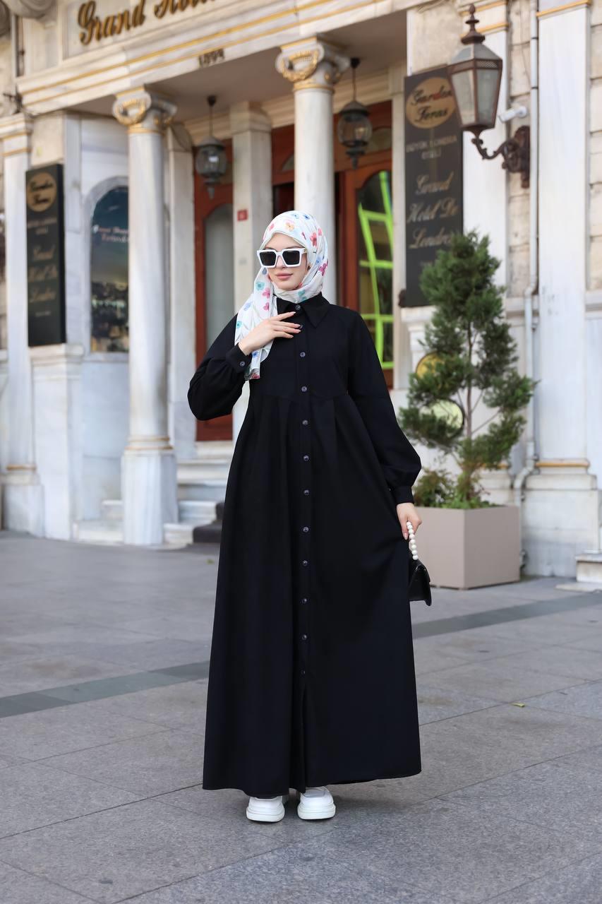 1596 Düğme Detaylı Elbise - Siyah 