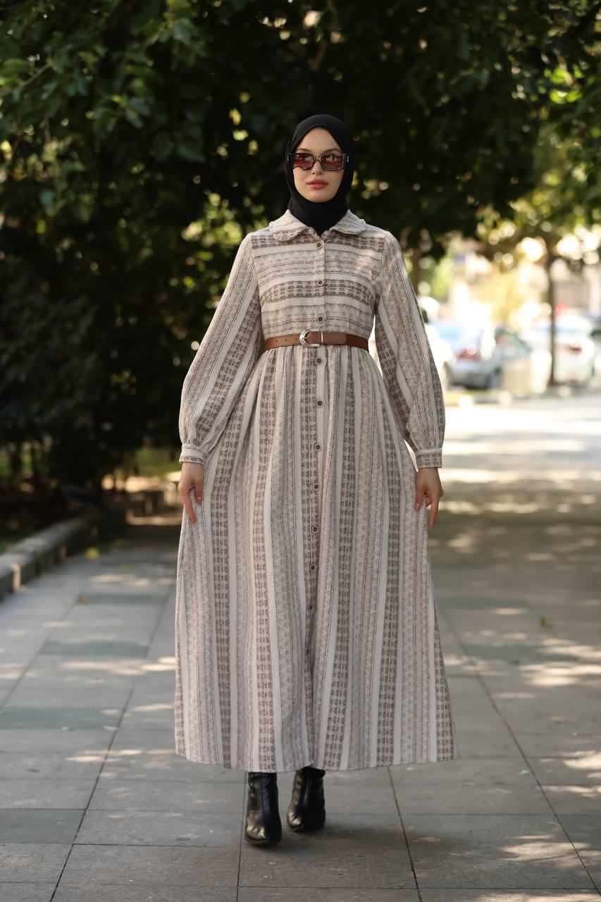 1604 Çizgili Kışlık Elbise - Bej