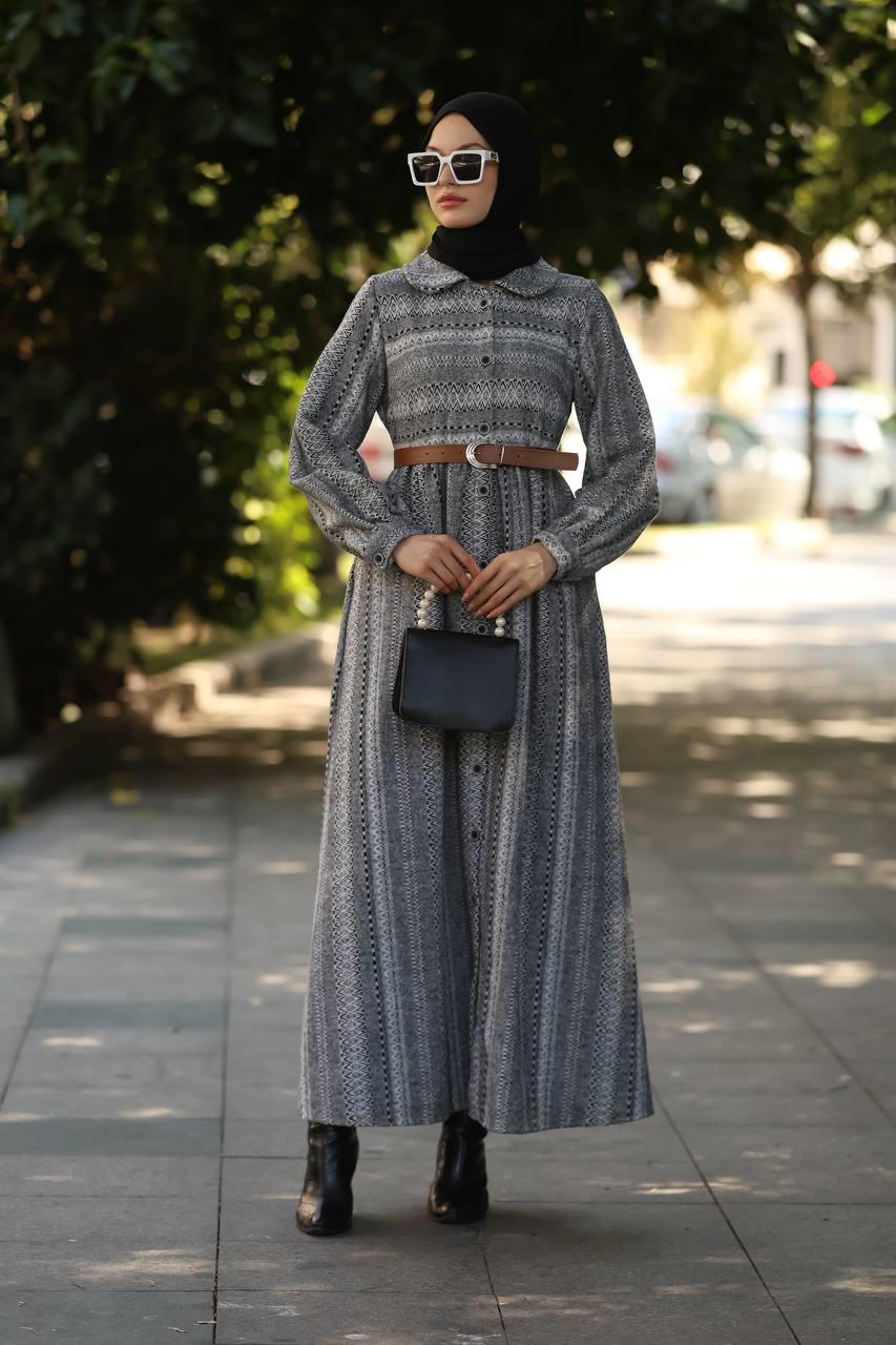 1604 Çizgili Kışlık Elbise - Gri 