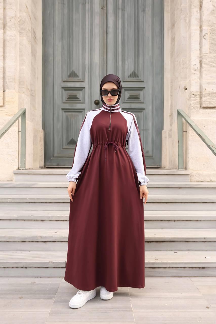1614 Spor Şerit Detaylı Elbise - Bordo 
