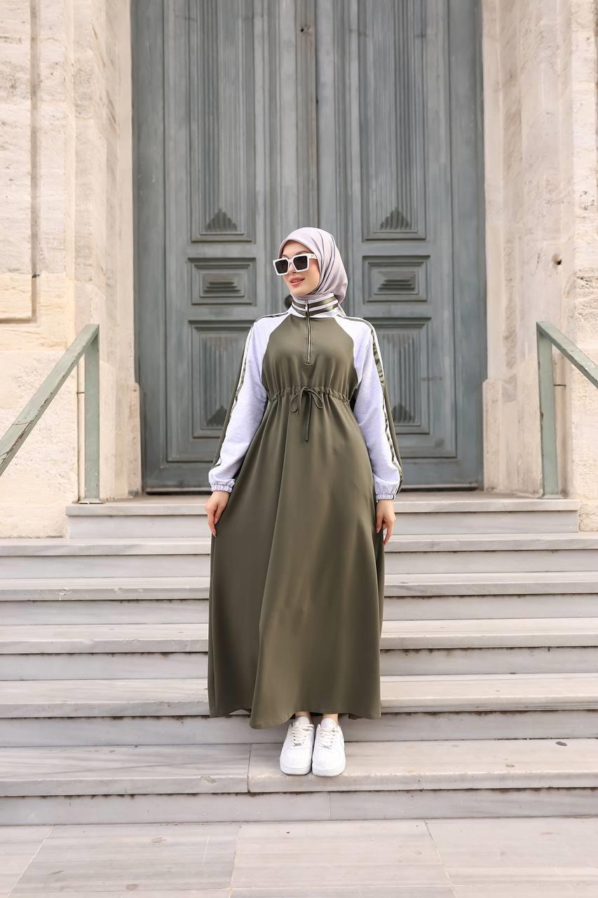 1614 Spor Şerit Detaylı Elbise - Haki