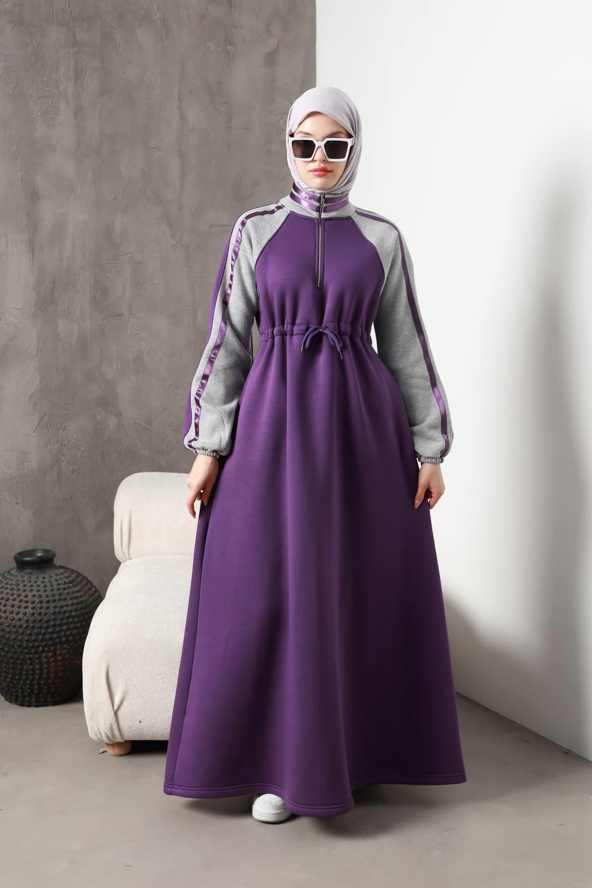 1614 Spor Şerit Detaylı Elbise - Mor 