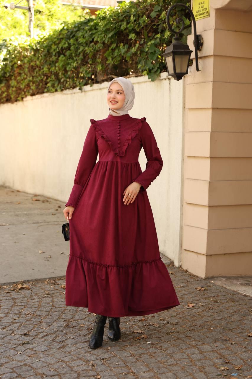 2240 Fırfırlı Düğmeli Elbise - Bordo