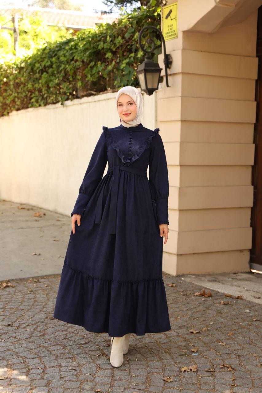 2240 Fırfırlı Düğmeli Elbise - Lacivert
