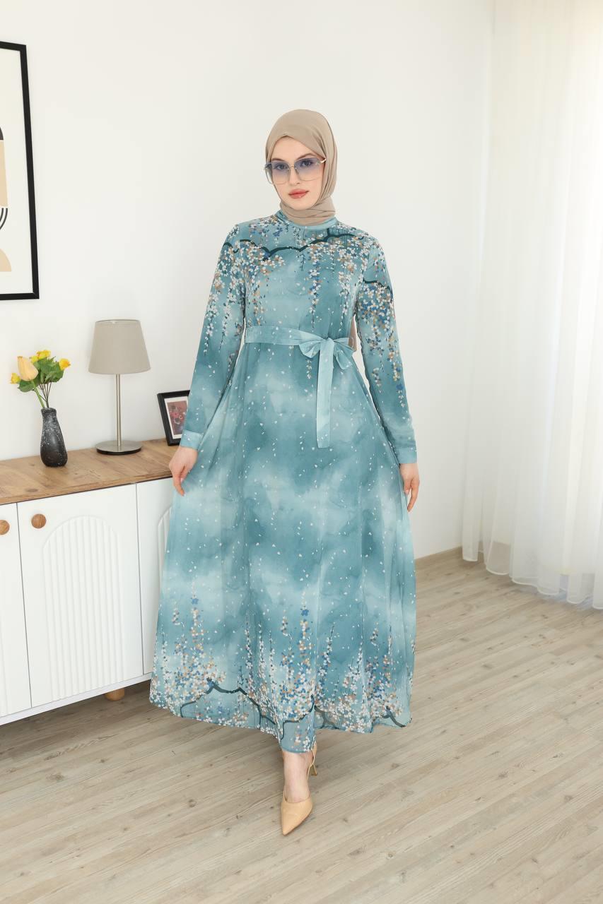 3041 Desenli Şifon Elbise - Buz Mavisi
