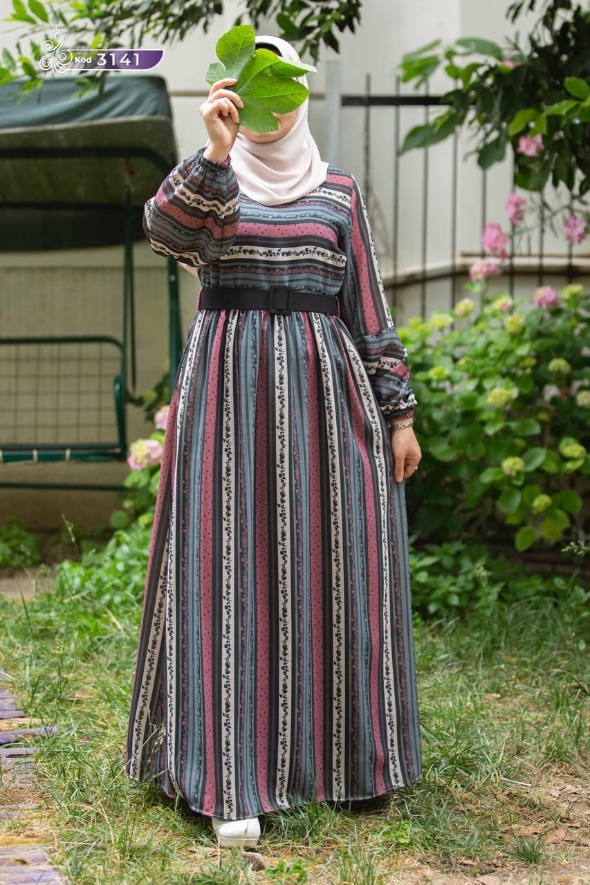 3141 Çizgi Deseni Elbise - Siyah
