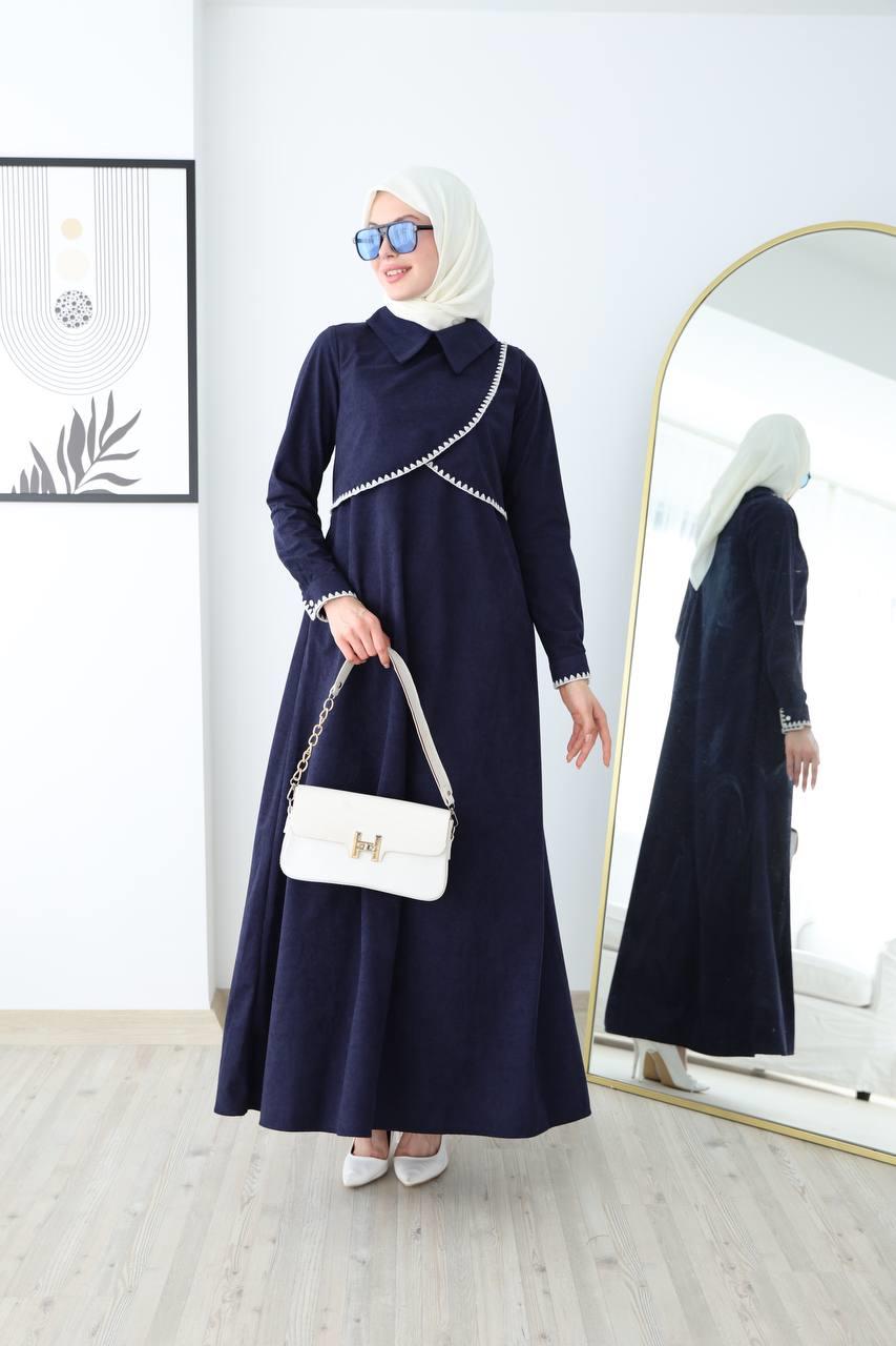 6012 Güpür Detaylı Elbise - Saks Mavisi 