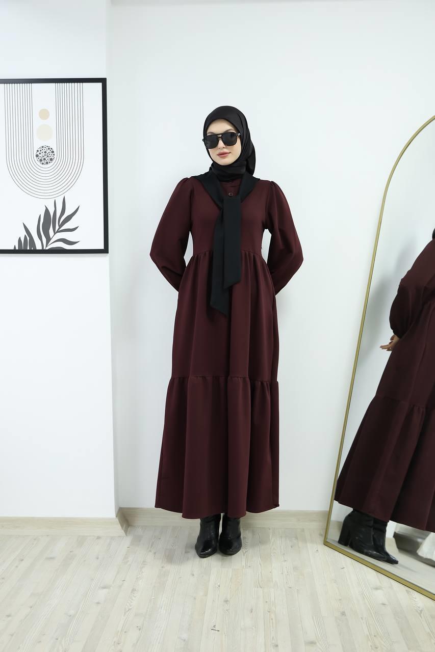 6019 Düğmeli Detaylı Elbise - Bordo