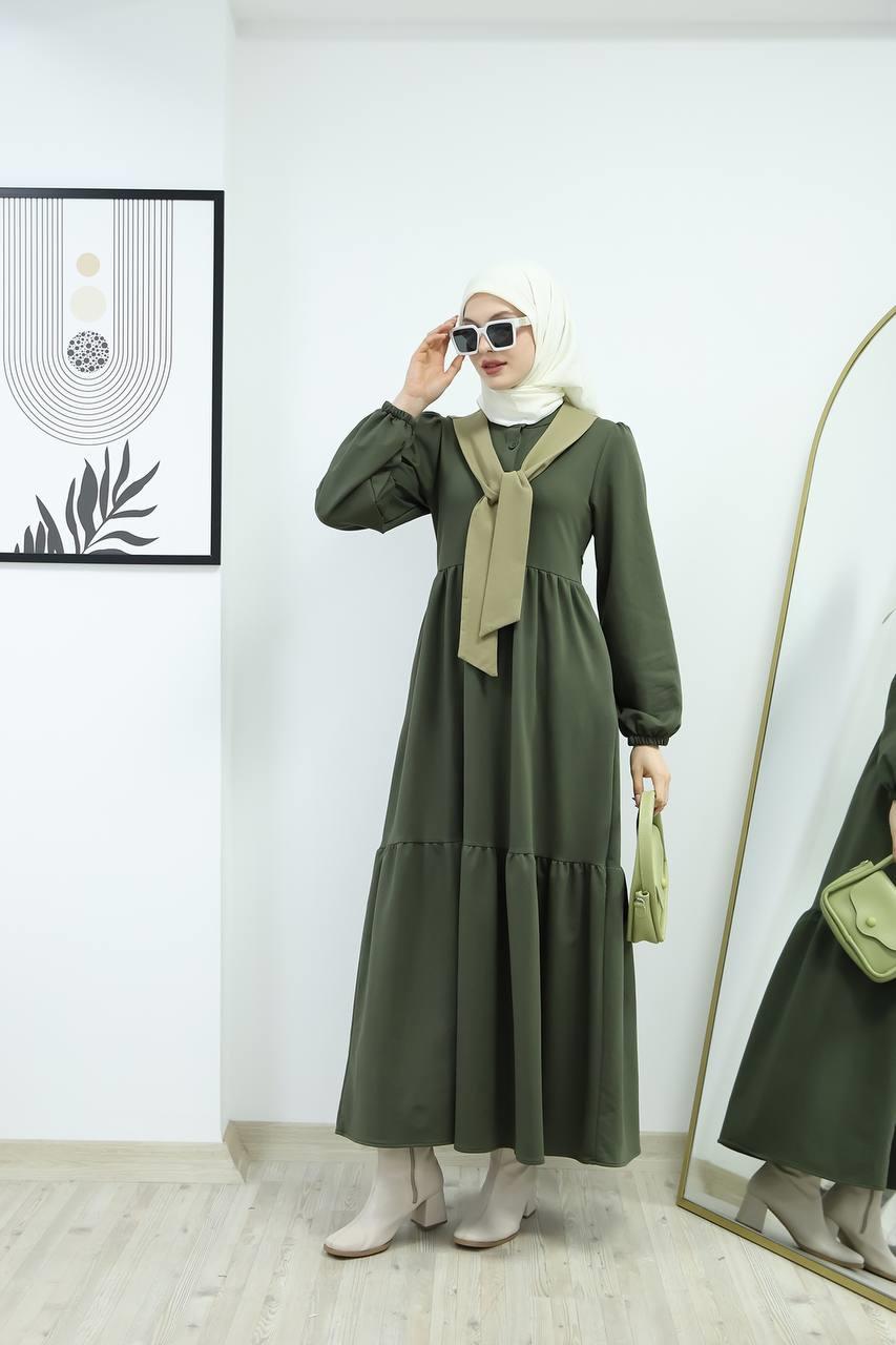 6019 Düğmeli Detaylı Elbise - Haki