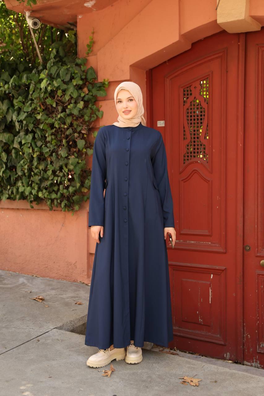 7010 Düğme ve Cep Detaylı Elbise - Lacivert 