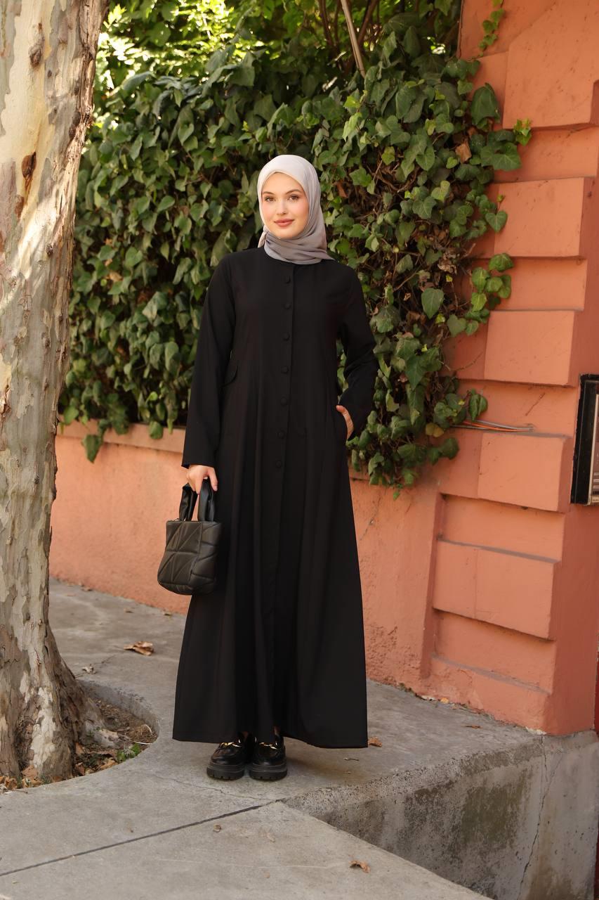 7010 Düğme ve Cep Detaylı Elbise - Siyah 