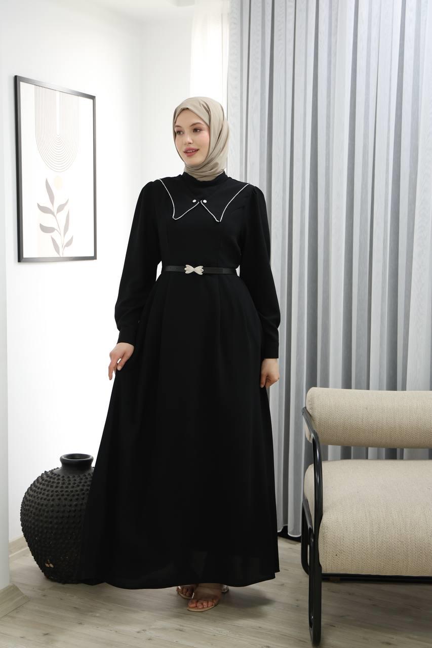 7029 Kemer Detaylı Elbise - Siyah
