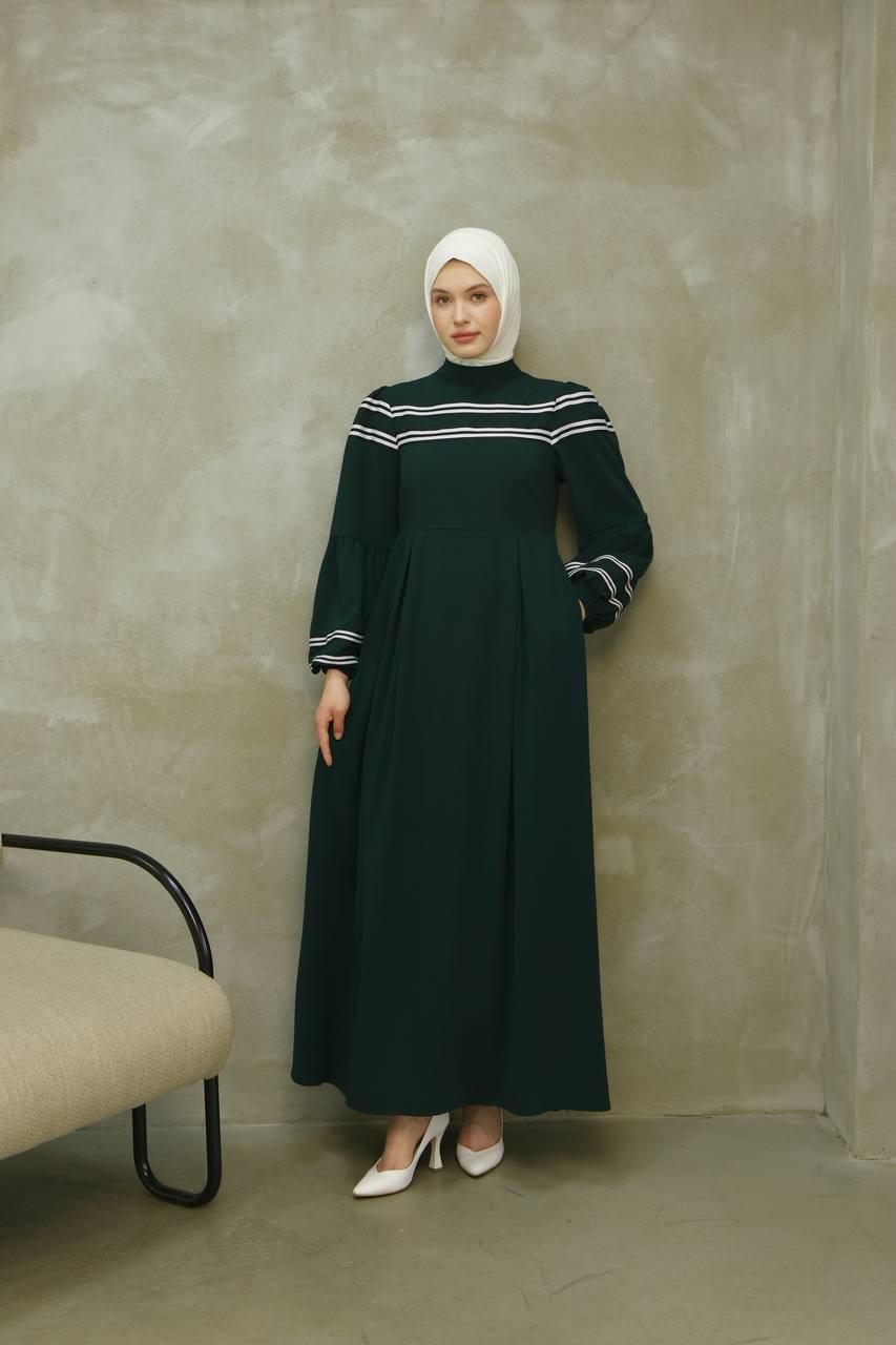 7033 Çizgi Detaylı Elbise - Yeşil