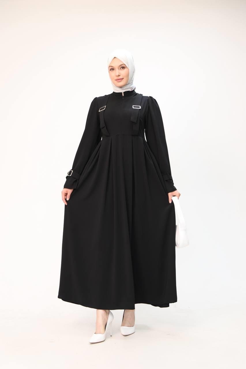 7041 Kuşak Detaylı Elbise - Siyah 