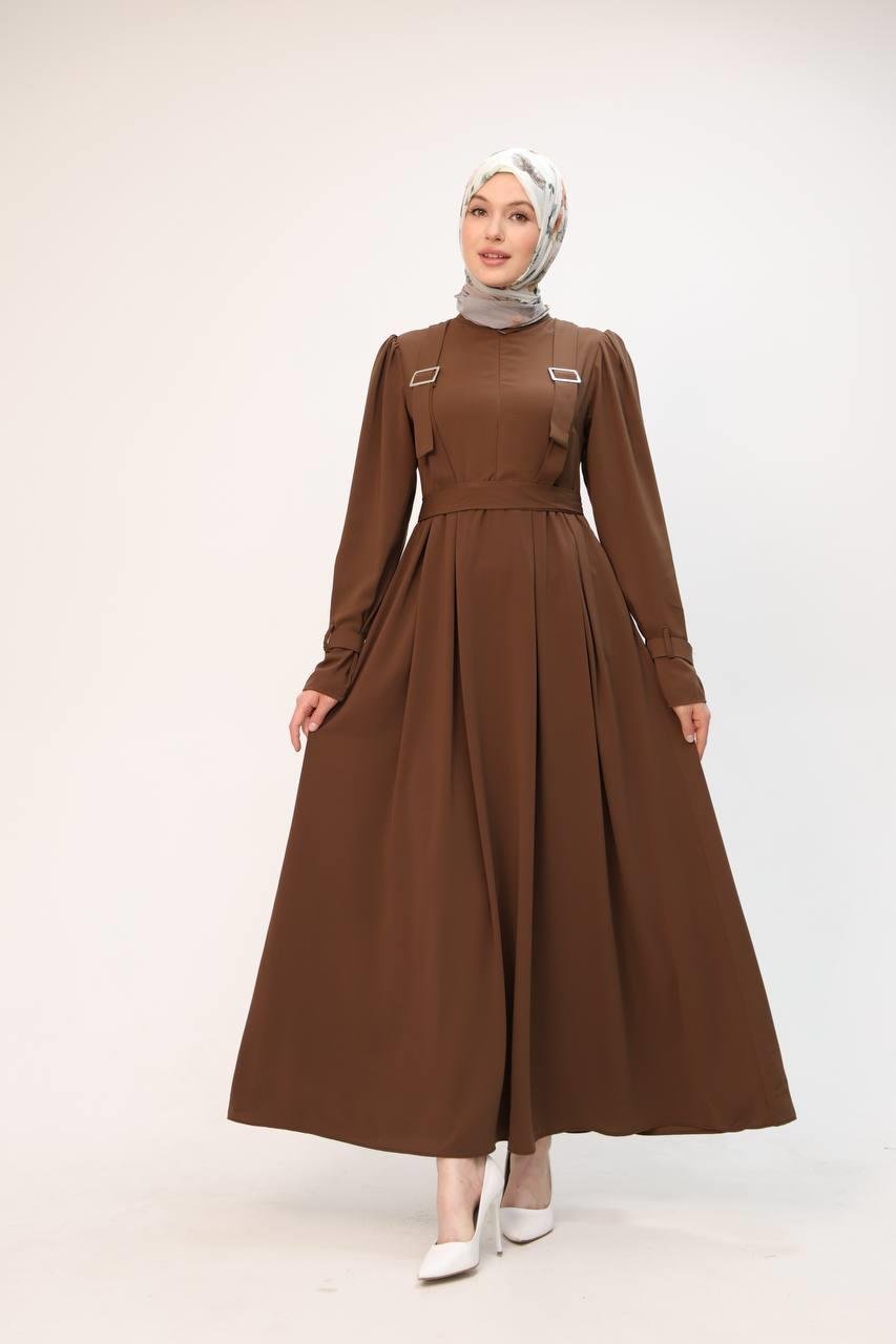 7041 Kuşak Detaylı Elbise - Taba