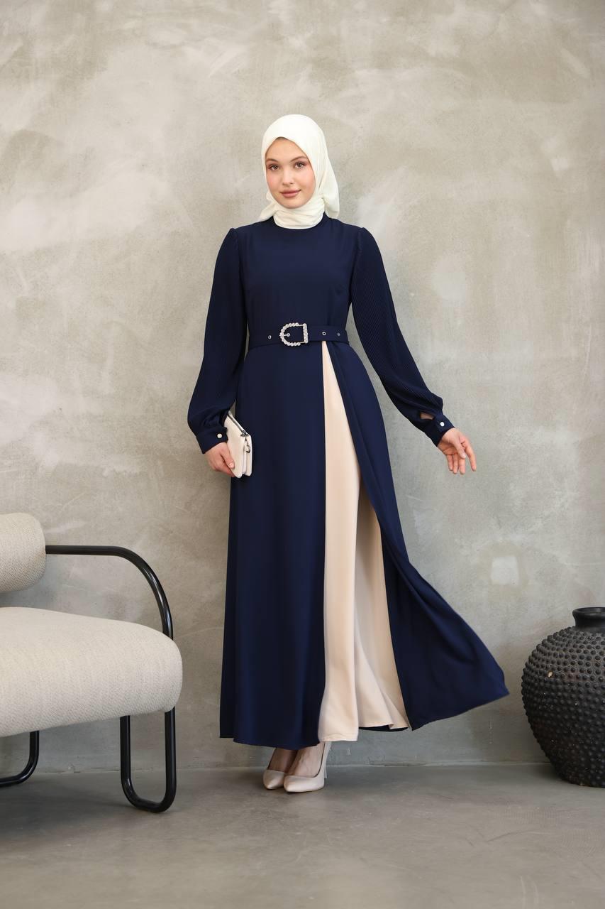 7044 Pilili Kollu Elbise - Lacivert