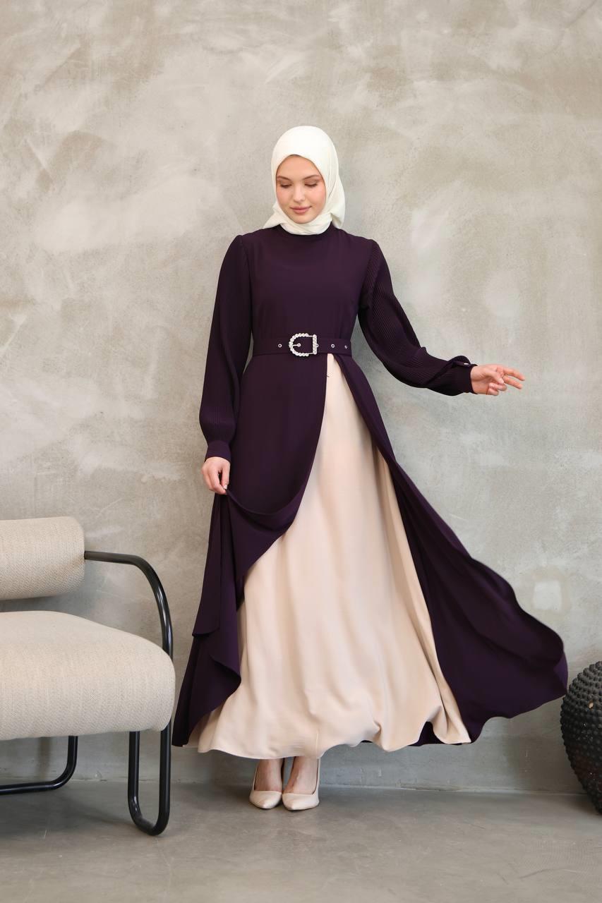 7044 Pilili Kollu Elbise - Mürdüm
