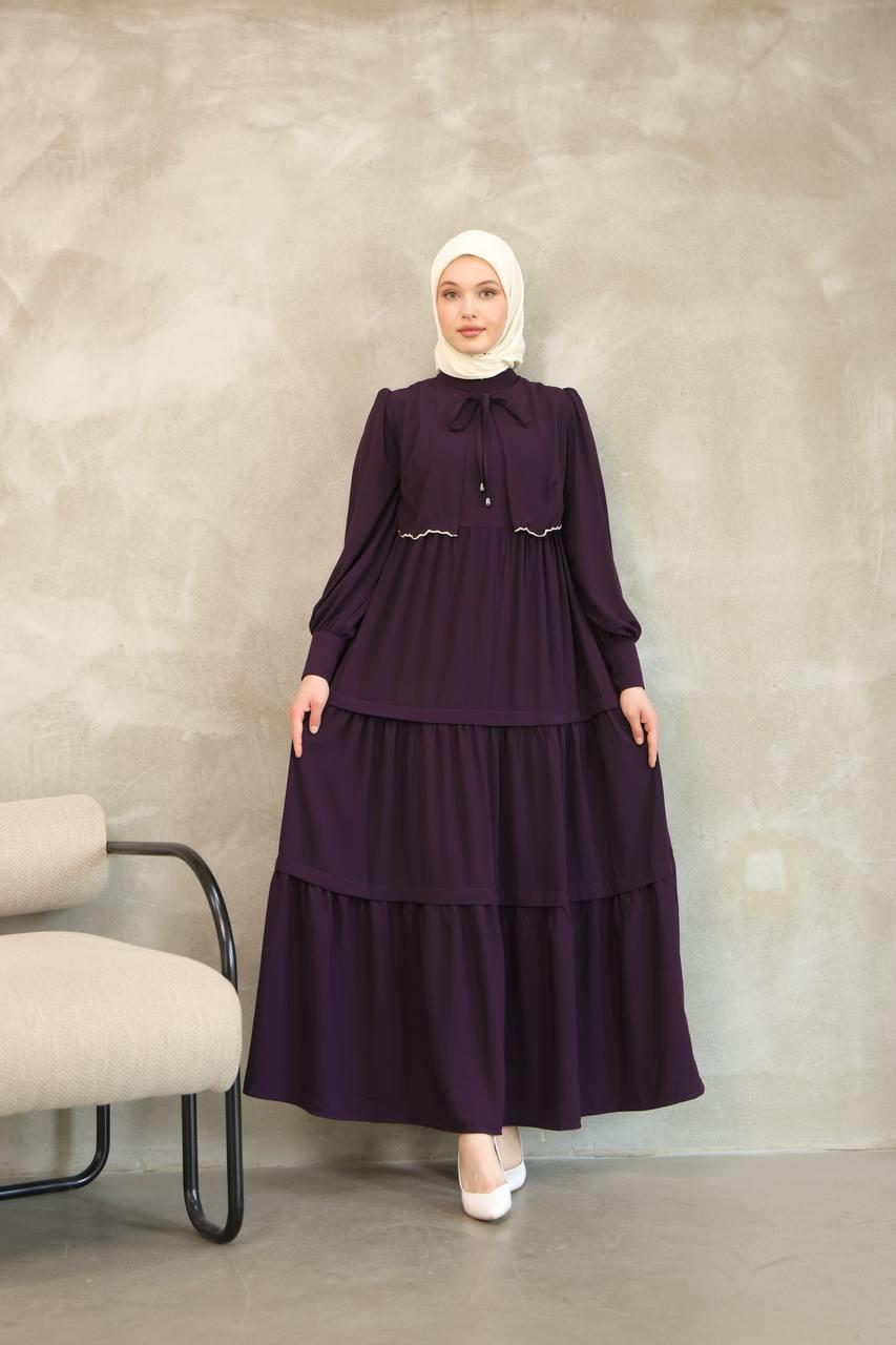 7045 Önden Güpürlü Elbise - Mürdüm