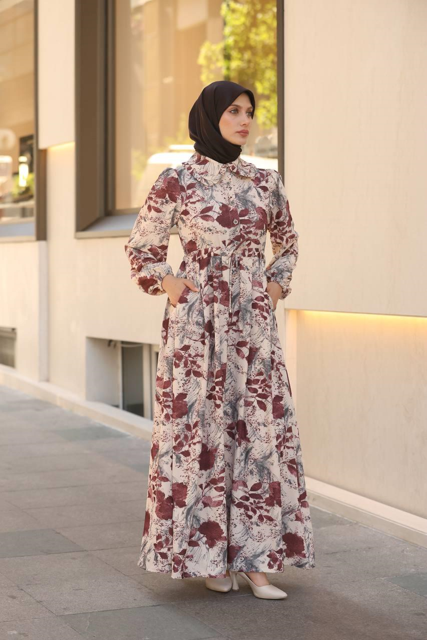 7053 Desenli Elbise - Bordo