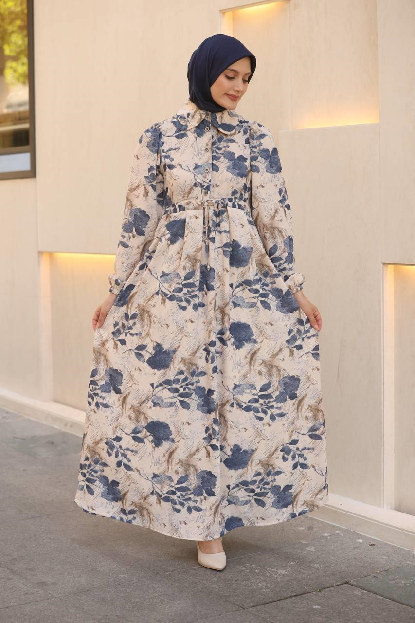 7053 Desenli Elbise - Mavi