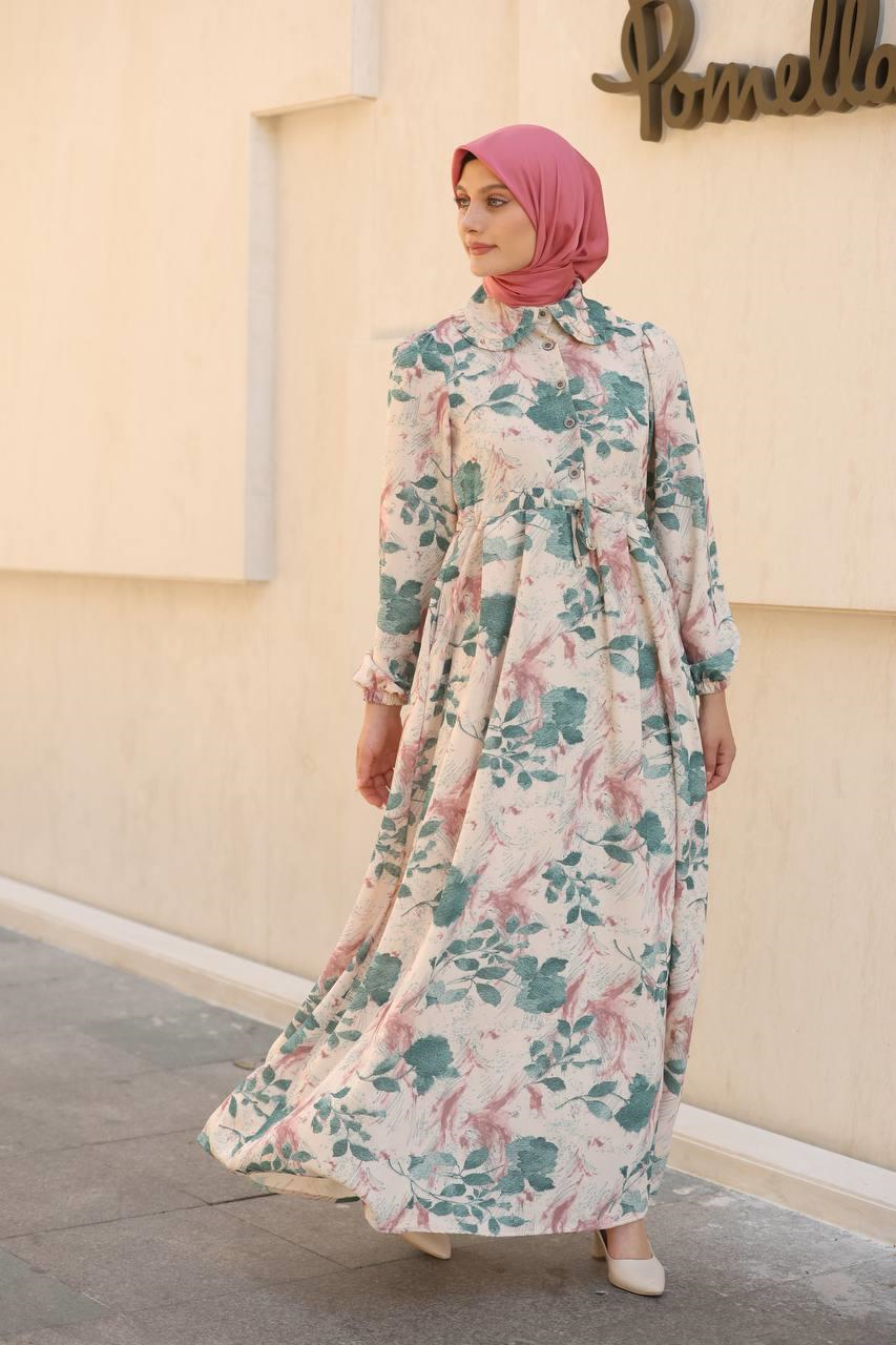 7053 Desenli Elbise - Mint