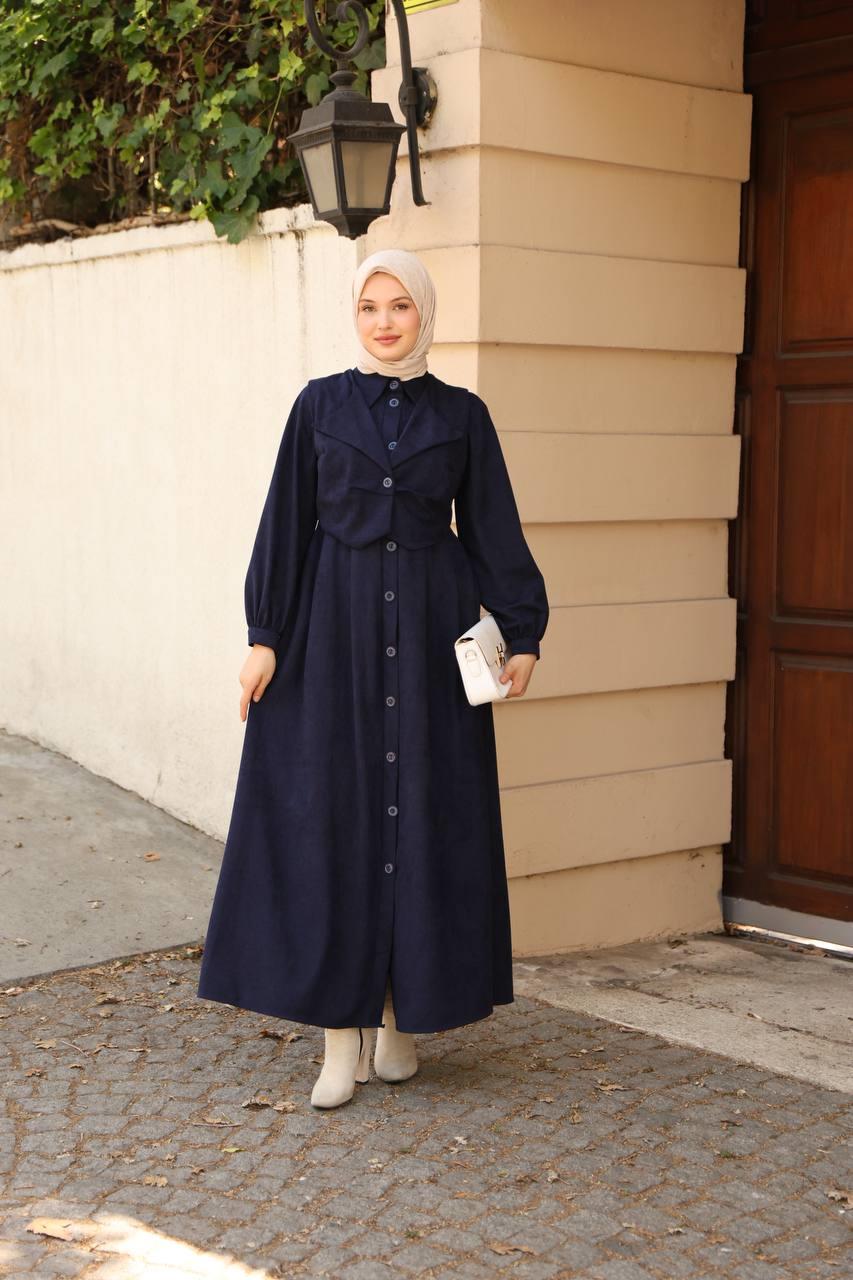 7059 Düğmeli Iki Parça Elbise - Lacivert
