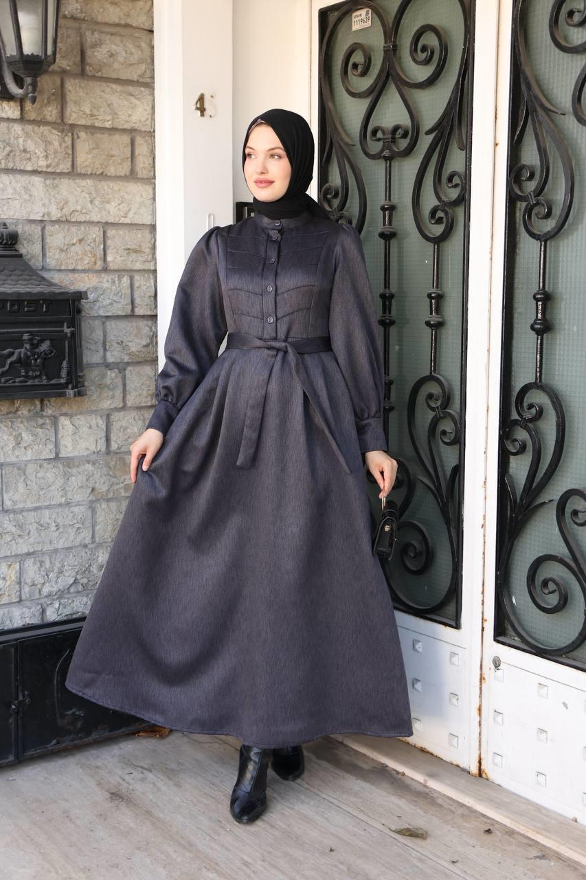 7060 Kruvaze Düğmeli Elbise - Koyu Gri