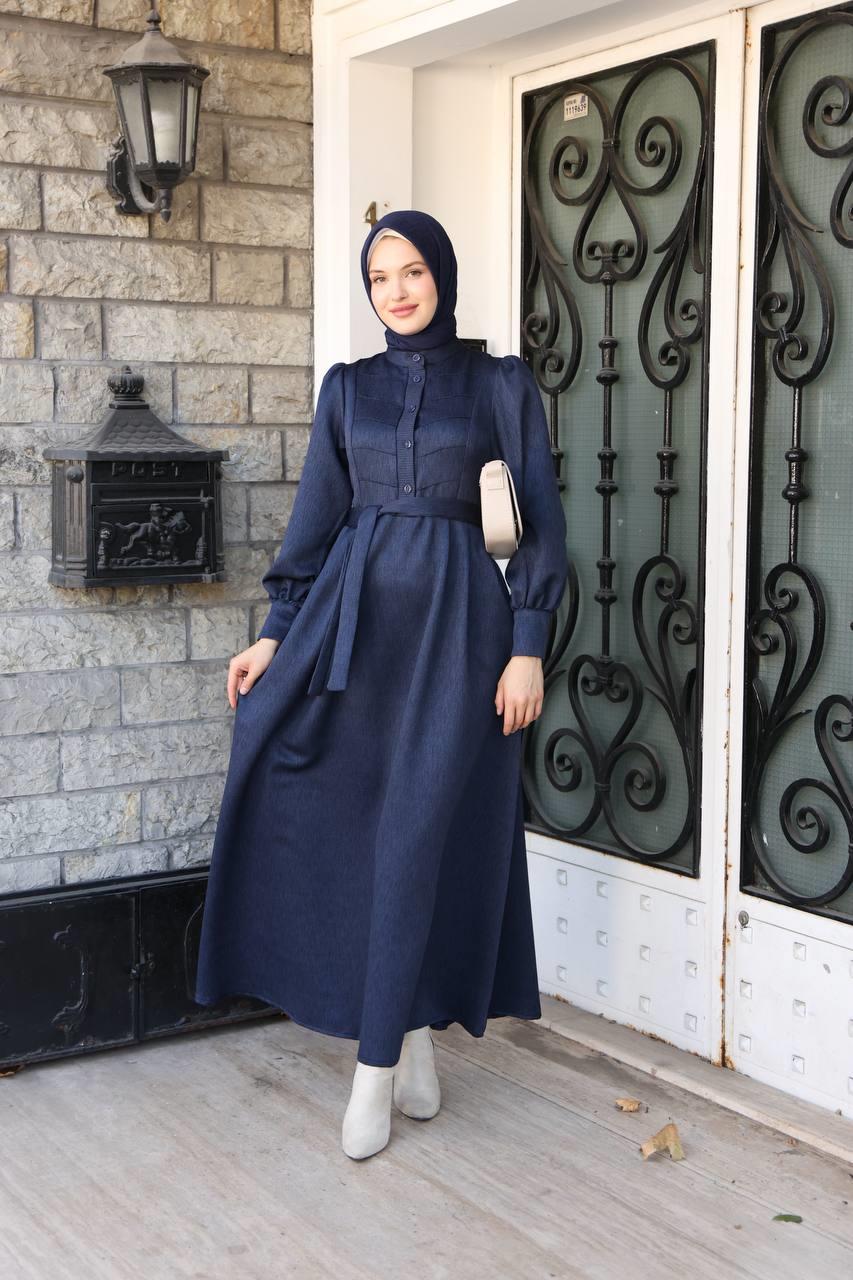 7060 Kruvaze Düğmeli Elbise - Lacivert