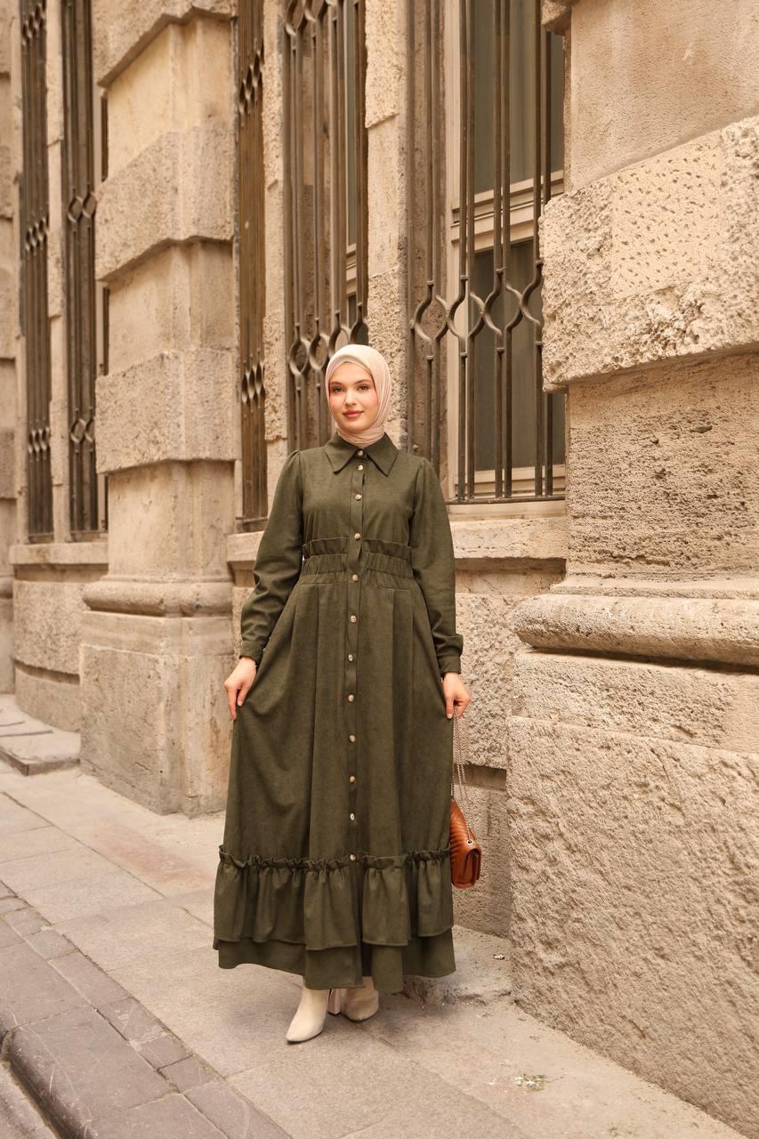 7063 Fırfırlı Kışlık Elbise - Haki