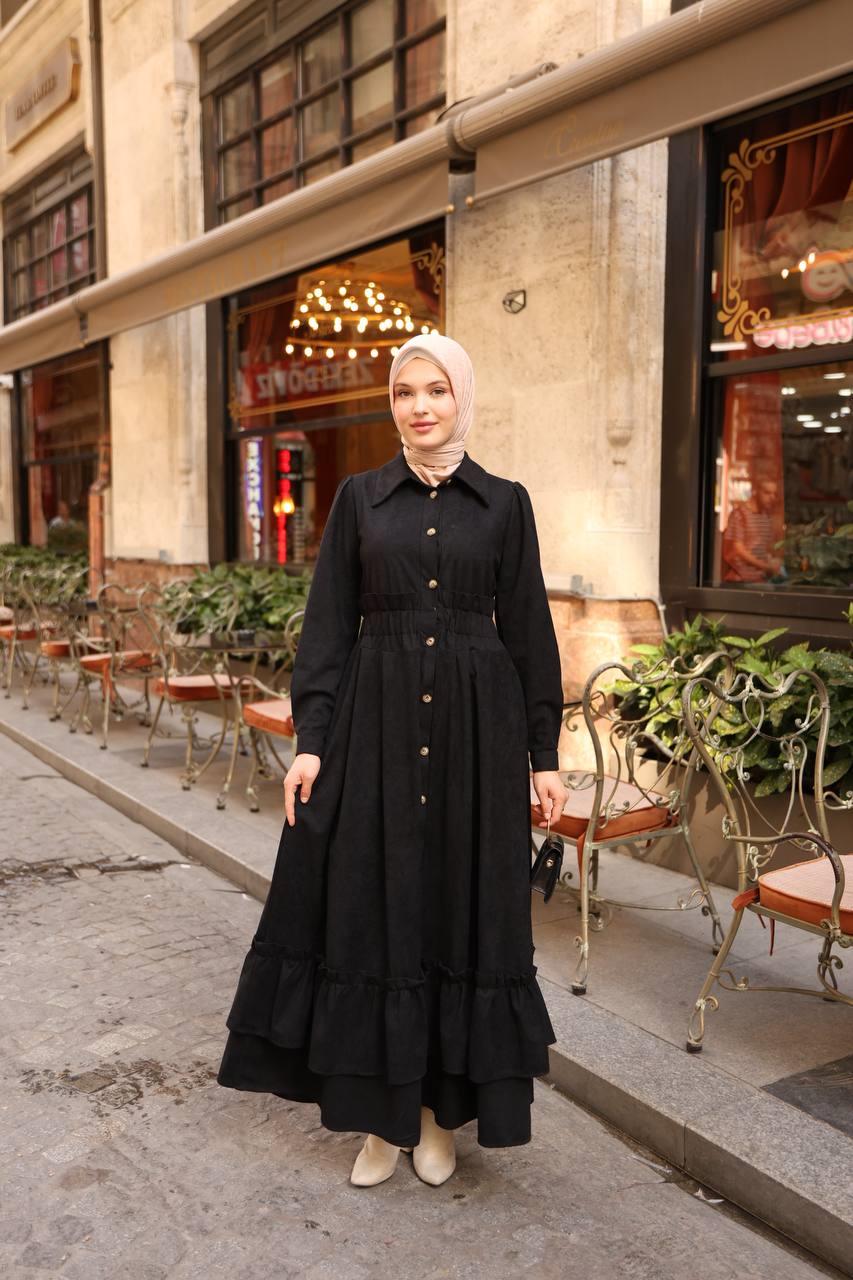 7063 Fırfırlı Kışlık Elbise - Siyah