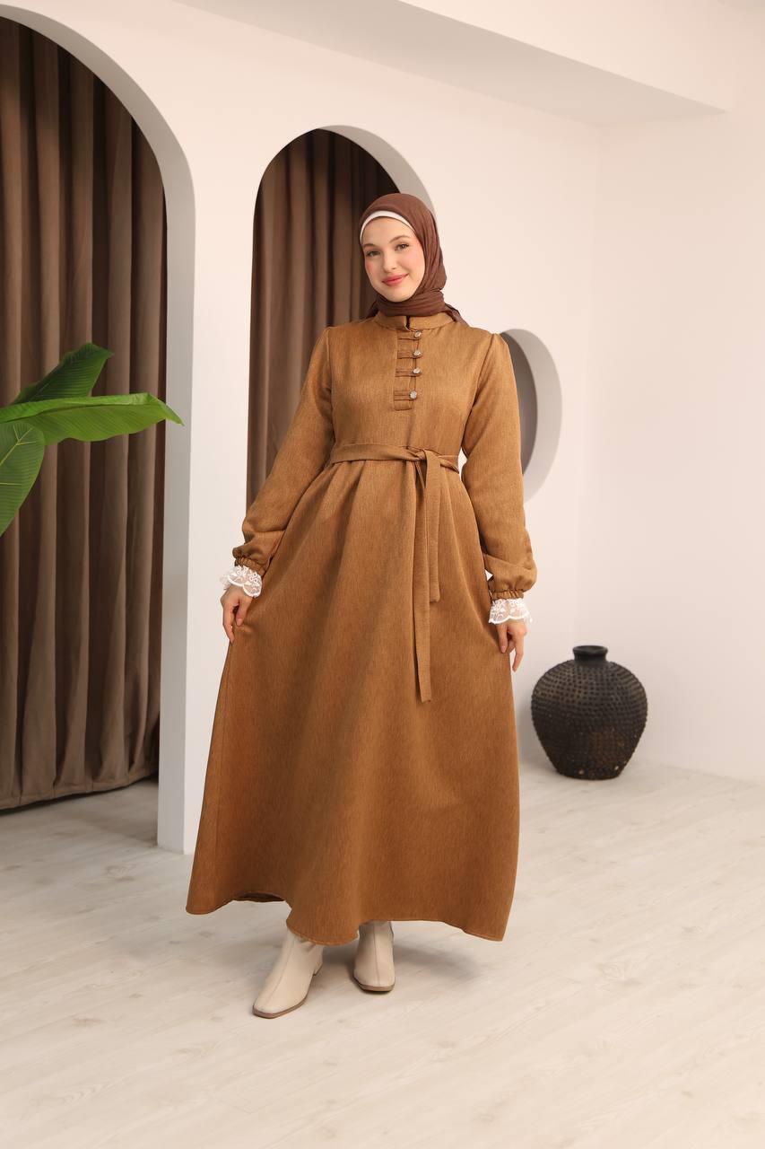 7066 Dantelli ve İşlemli Elbise - Kiremit