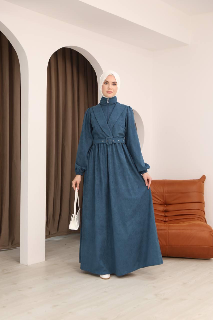 7067 Kemer Detaylı Elbise - Petrol