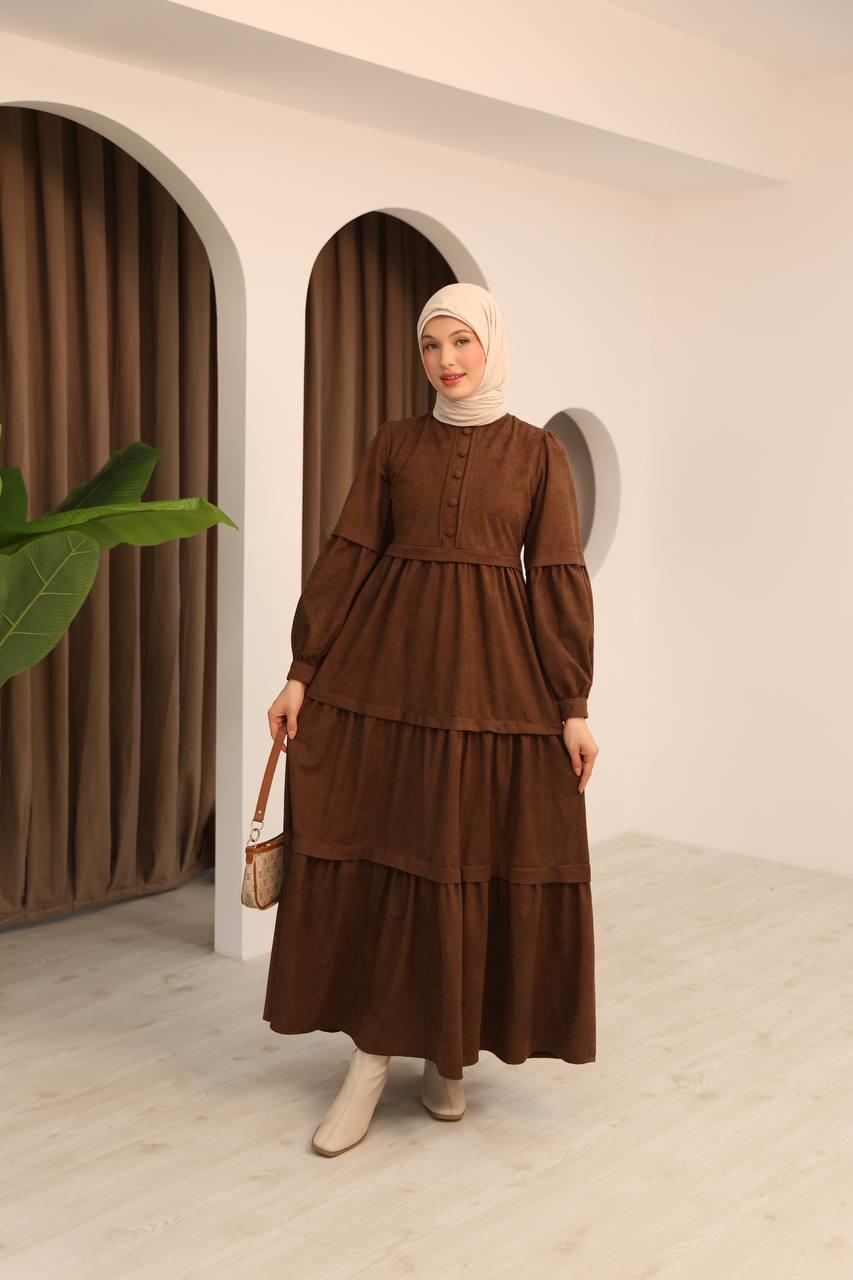 7069 Kat Etekli Elbise - Kahverengi 