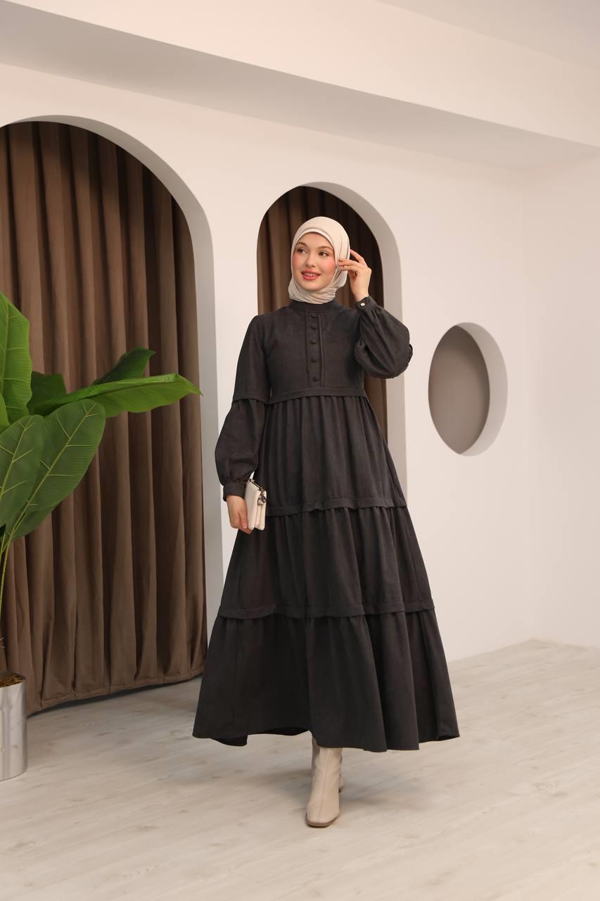 7069 Kat Etekli Elbise - Koyu Gri 
