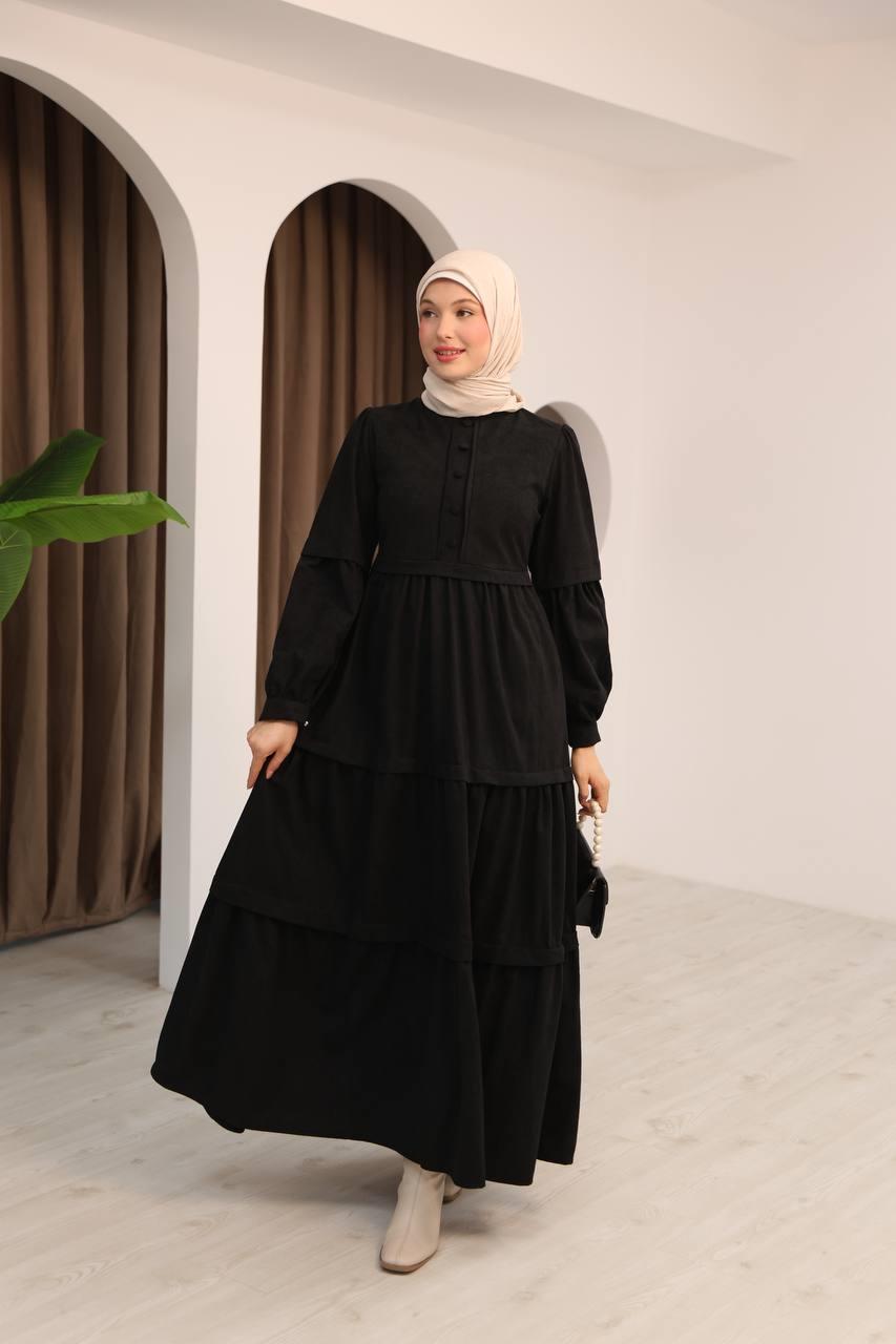 7069 Kat Etekli Elbise - Siyah 