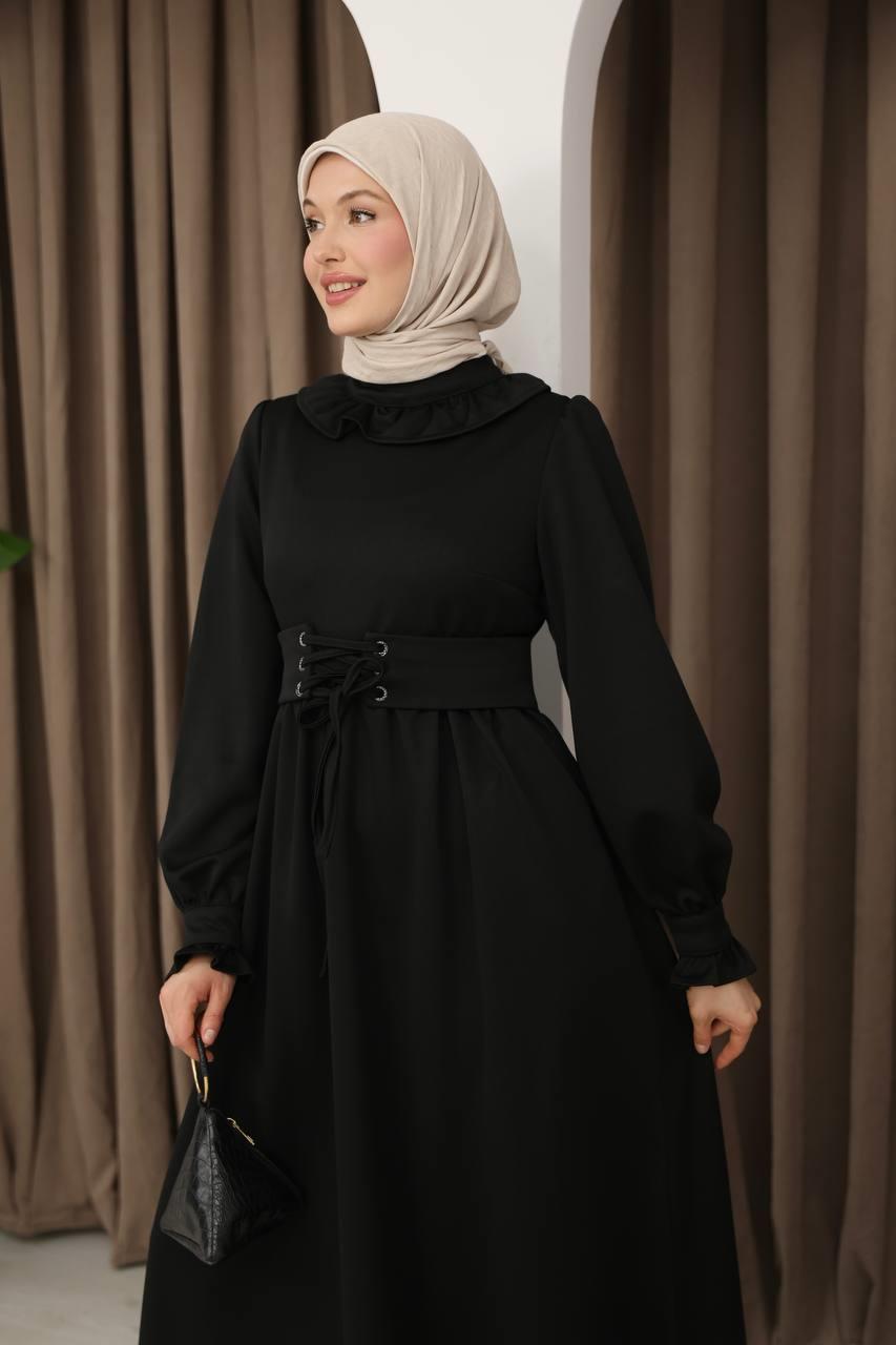 7070 Korse kemerli elbise - Siyah