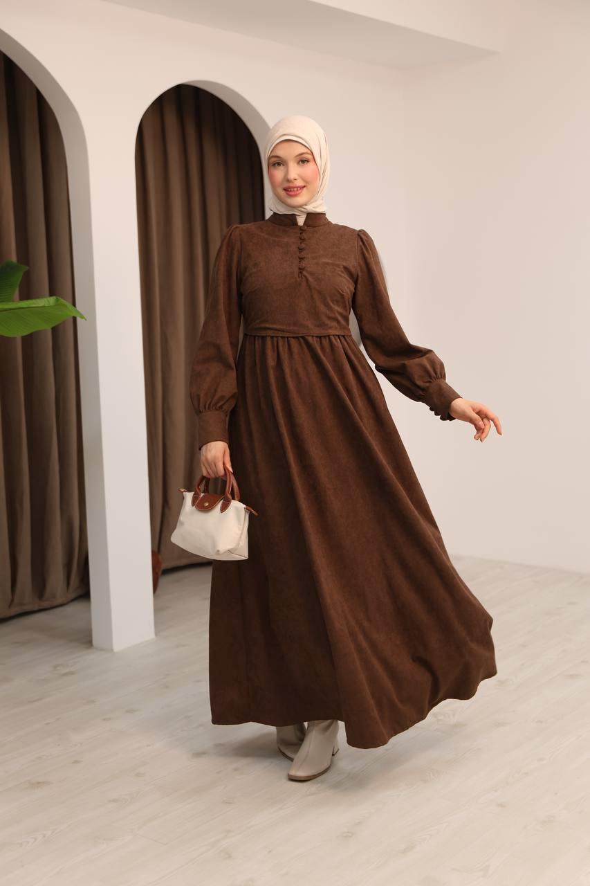 7072 Süet Düğmeli Elbise - Kahverengi