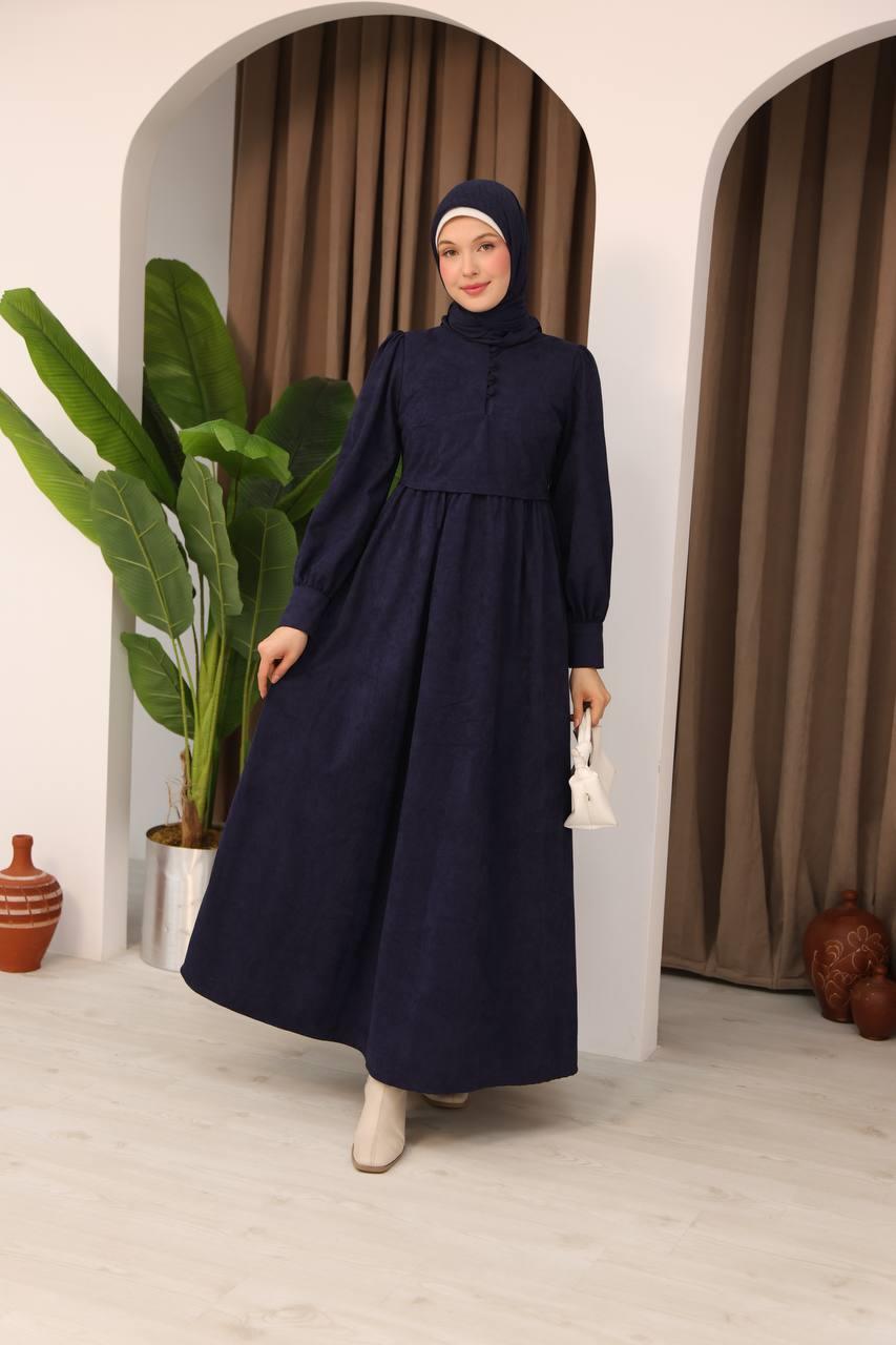 7072 Süet Düğmeli Elbise - Lacivert