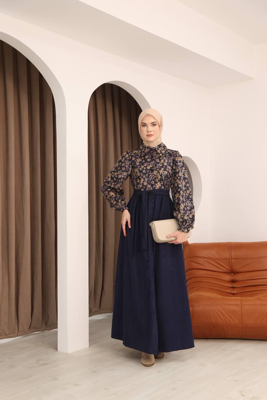 7076 Çiçek Desenli Elbise - Lacivert