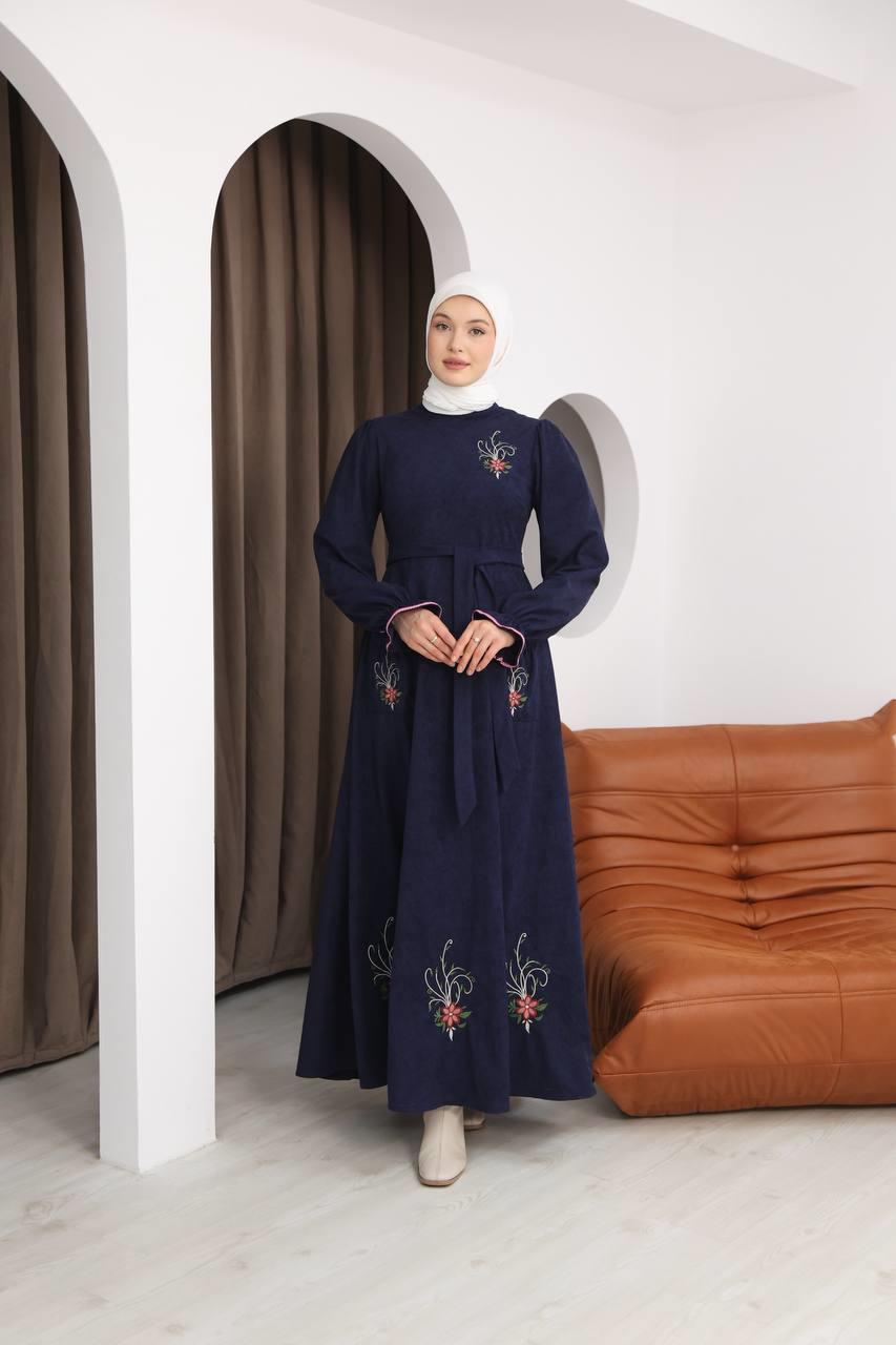 7077 Çiçek Nakışlı Elbise - Lacivert